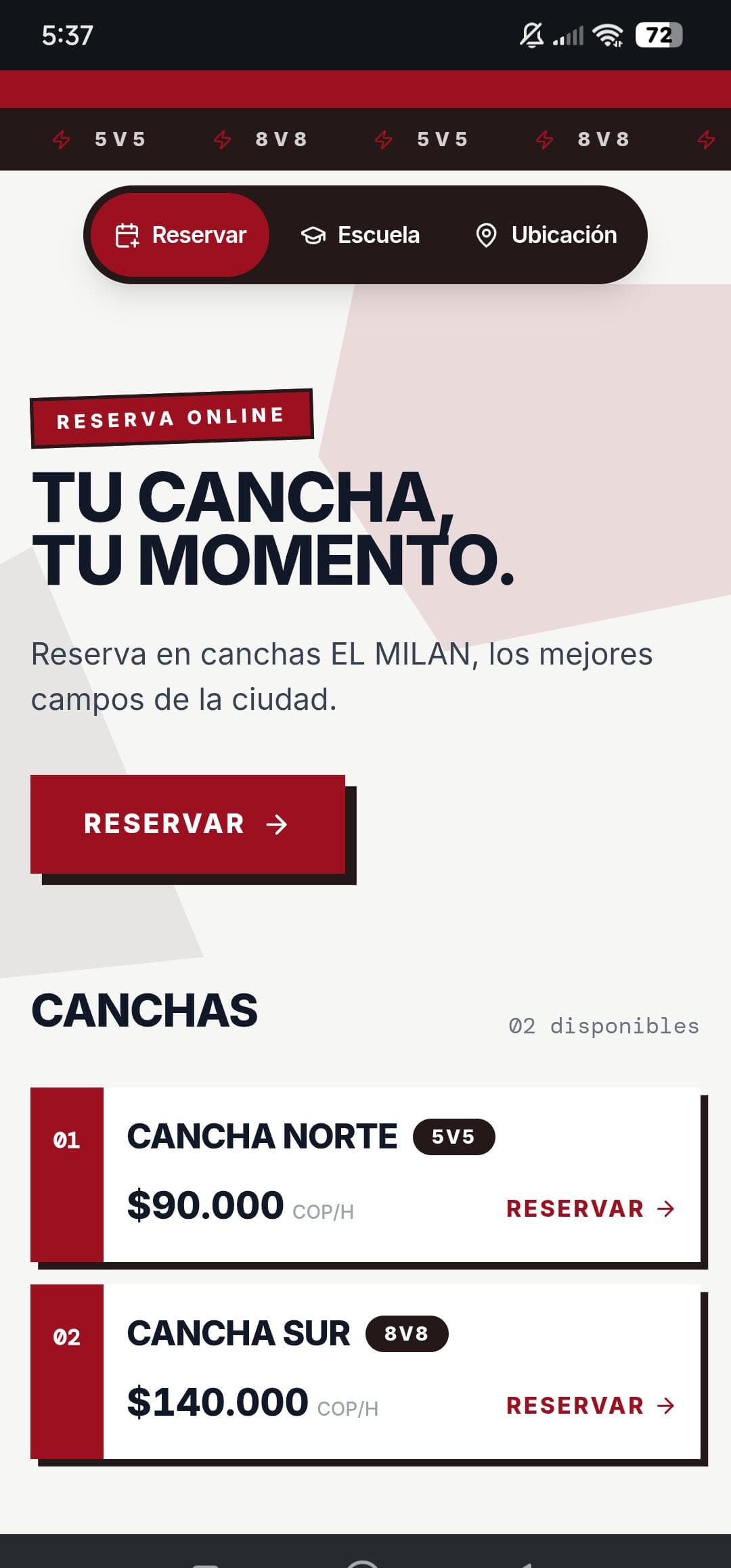 Sitio web personalizado de un club deportivo visto desde el celular