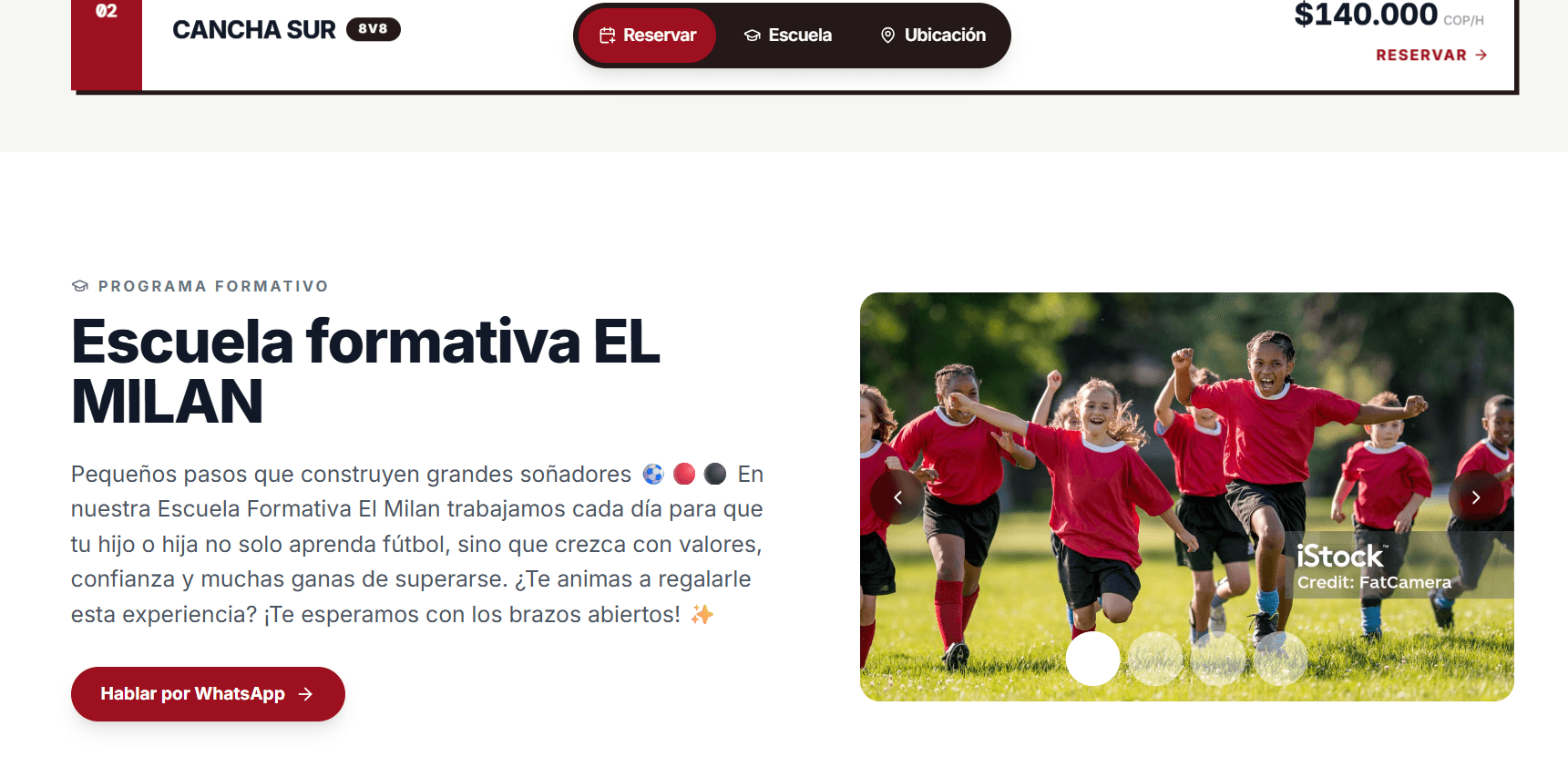 Sección de escuela formativa en el sitio web de un club deportivo